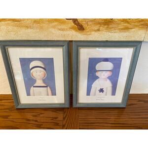 Mid Century signed Pair Of Antonio Bueno Zelda & Marinaretto Prints Blue Framed